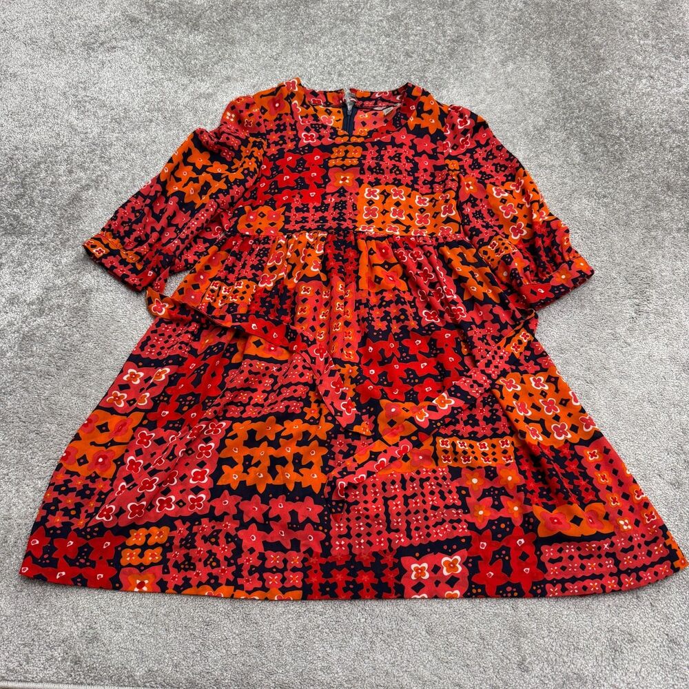 H&M Belted Babydoll Mini Dress Women Size 10 Red Orange Floral 3/4 Sleeve NWOT